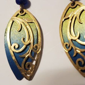 Blue-Gold Gradient Teardrop Earrings with Gold Metal Overlay